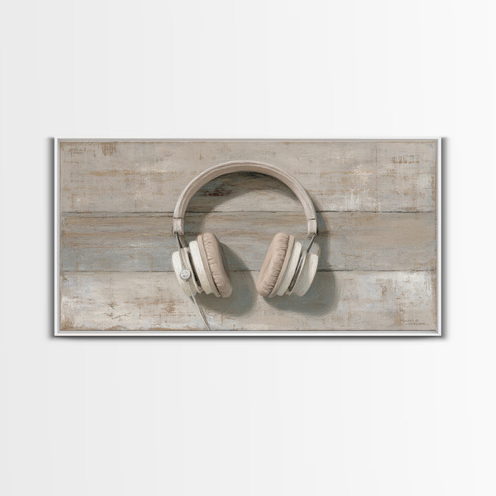Vinyl Record and Headphones on Worn Wood Canvas Print, Basement Art, Classroom Decor, Living Room Decor, Oil Painting, Retreat, BAS-2x1-53