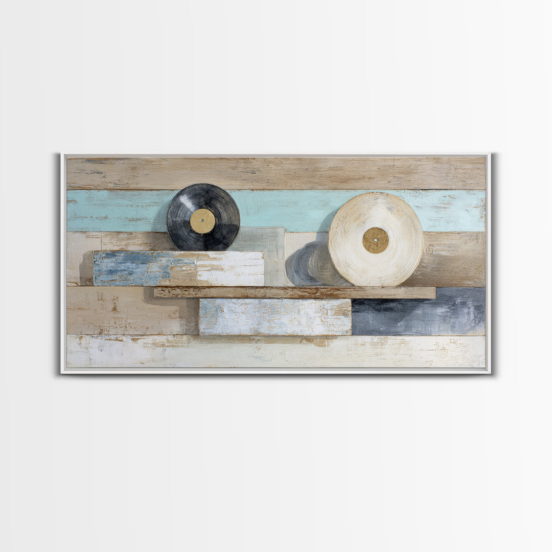 Vinyl Record and Headphones on Worn Wood Canvas Print, Basement Art, Classroom Decor, Living Room Decor, Oil Painting, Retreat, BAS-2x1-77