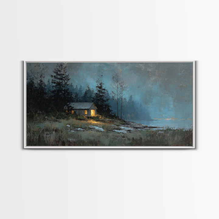Forest Cabin Night Scene Framed Canvas Print, Basement Art, Contemporary Art, Living Room Decor, Oil Painting, Retreat, BAS-2x1-83