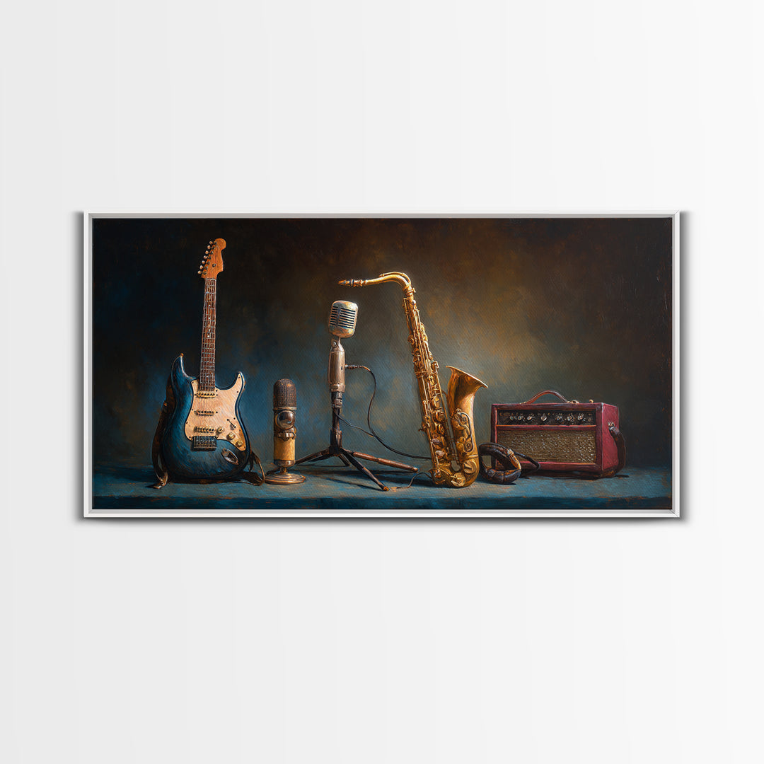 Classic Rock Guitar Still Life Framed Canvas Print, Basement Art, Digital Art Prints, Living Room Decor, Fine Art, Retreat, BAS-2x1-97