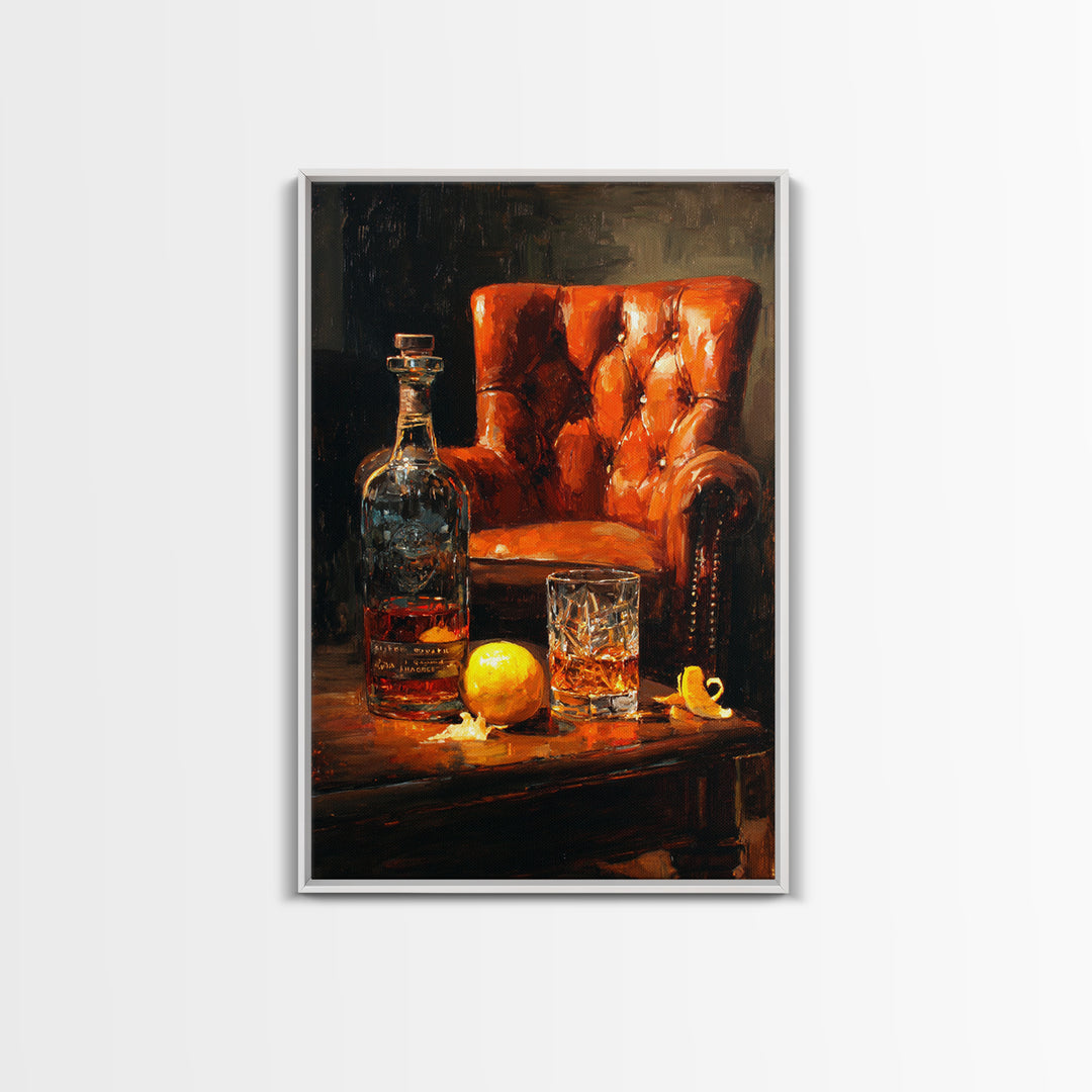 Whiskey Barrel and Leather Chair Mood Painting Canvas Print, Basement Art, Home Decor, Living Room Decor, Oil Painting, Retreat, BAS-2x3-66