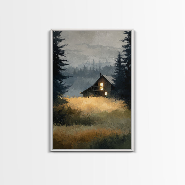 Forest Cabin Night Scene Canvas Print, Basement Art, Digital Art Download, Living Room Decor, Retreat, Steampunk Wall Art, BAS-2x3-95