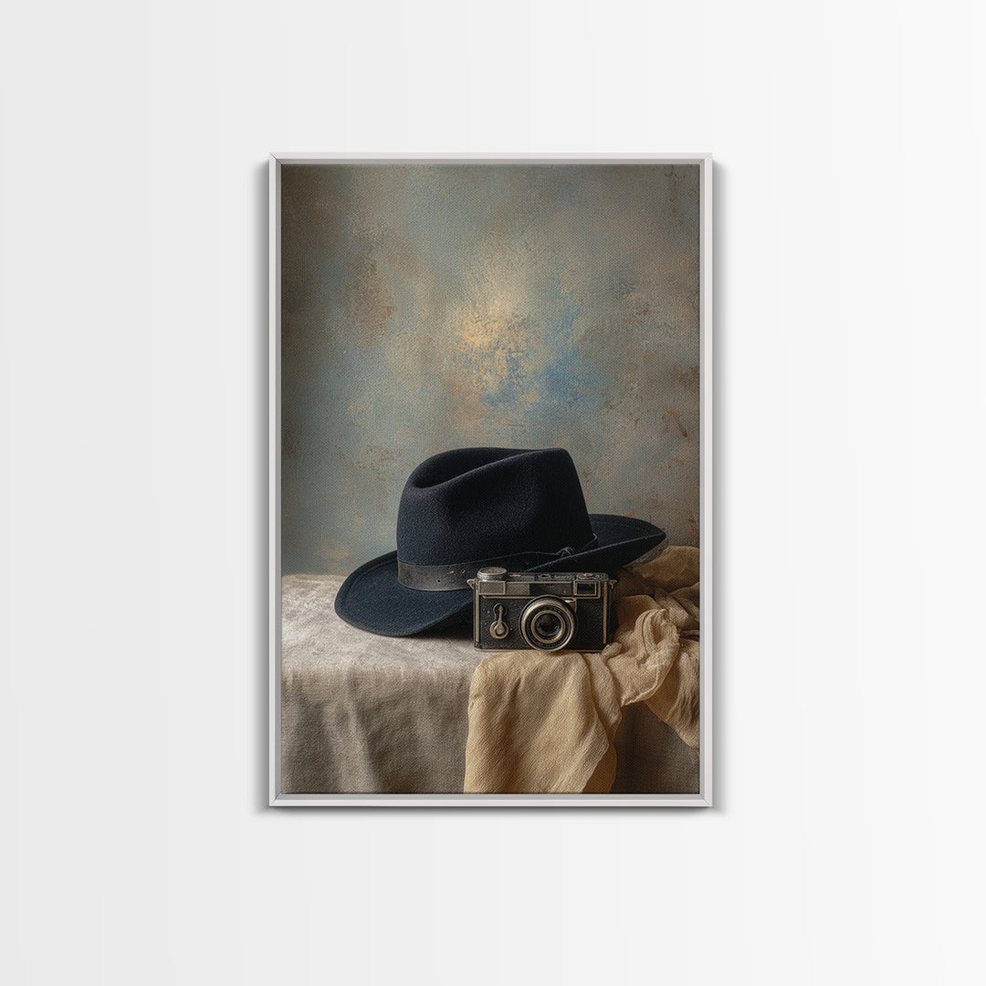 Noir Detective Hat and Camera Still Life Canvas Print, Basement Art, Digital Art Prints, Living Room Decor, Fine Art, Retreat, BAS-2x3-99