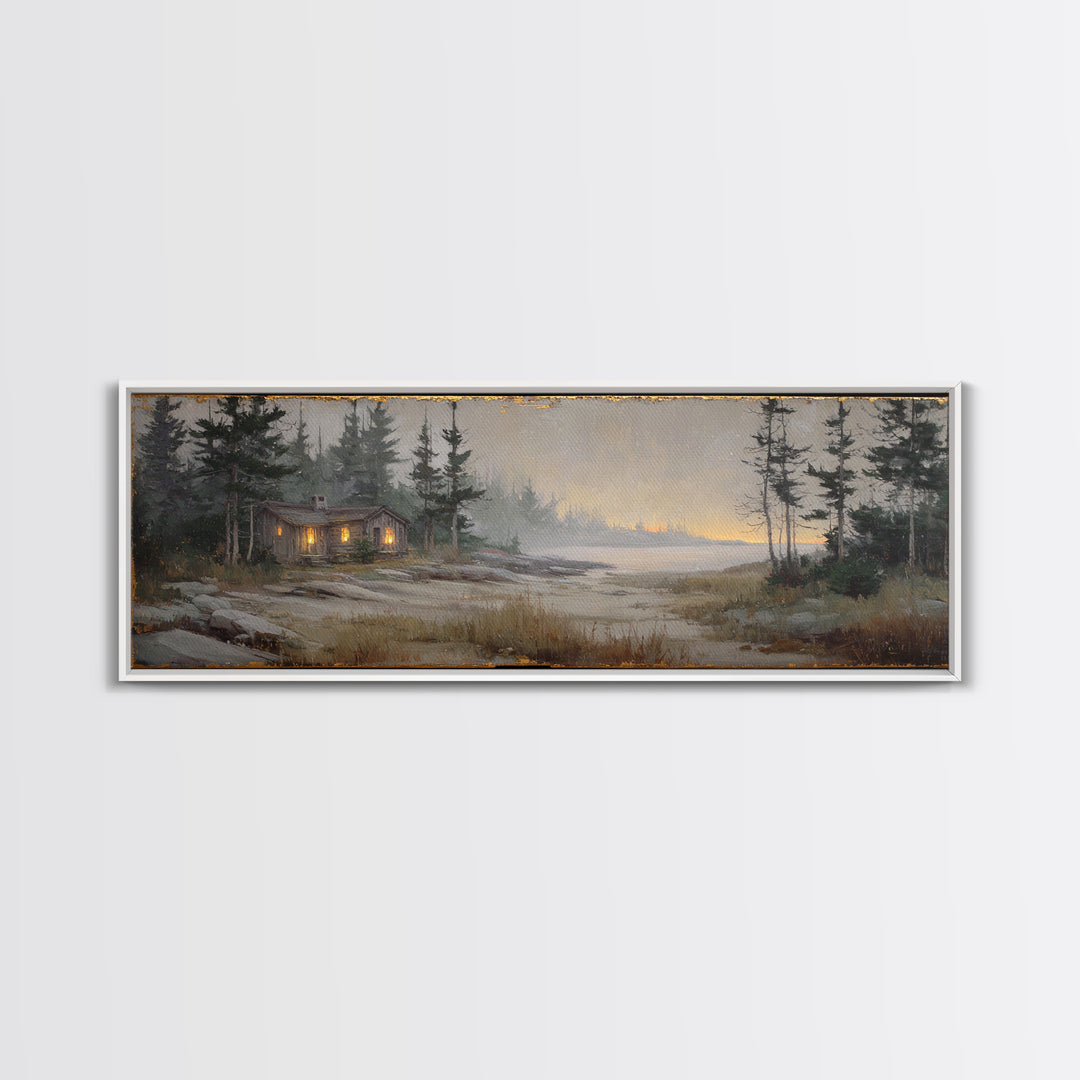 Forest Cabin Night Scene Canvas Print, Basement Art, Luxury Decor, Living Room Decor, Fine Art, Retreat, Oil Painting, BAS-3x1-31