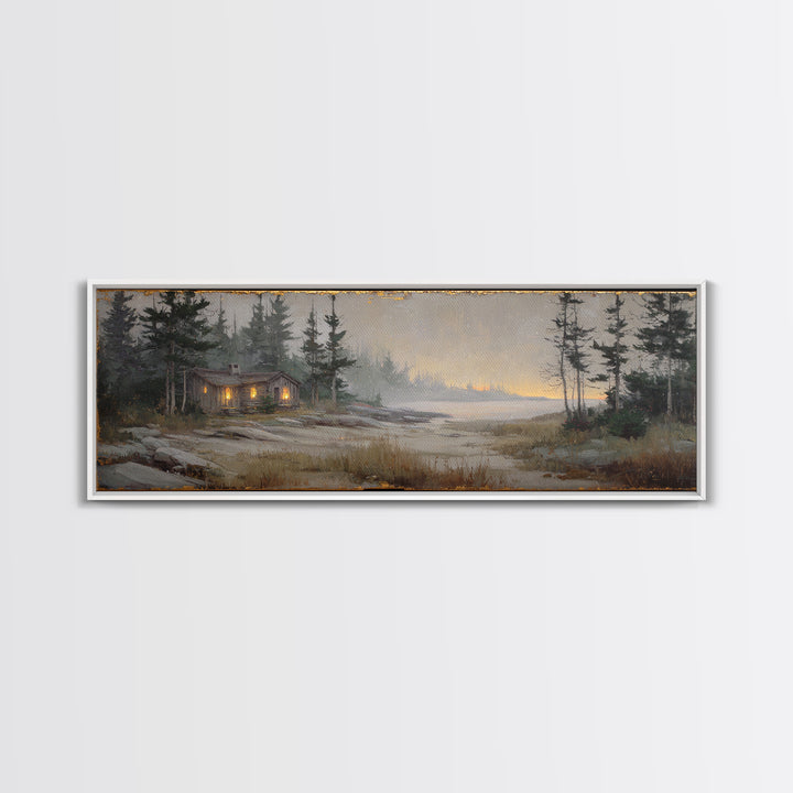 Forest Cabin Night Scene Canvas Print, Basement Art, Luxury Decor, Living Room Decor, Fine Art, Retreat, Oil Painting, BAS-3x1-31