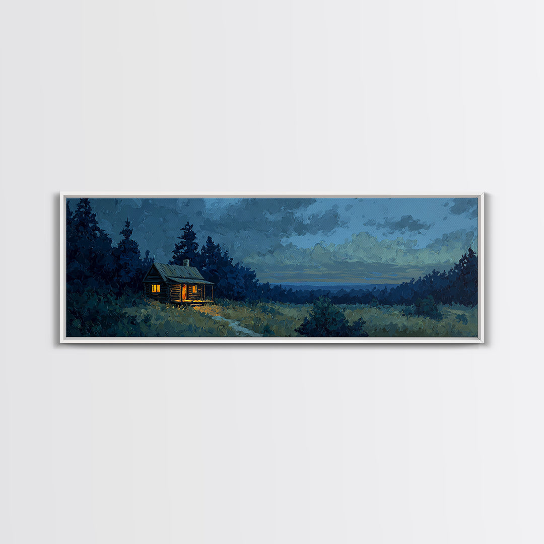Forest Cabin Night Scene Framed Canvas Print, Basement Art, Contemporary Art, Living Room Decor, Oil Painting, Retreat, BAS-3x1-55