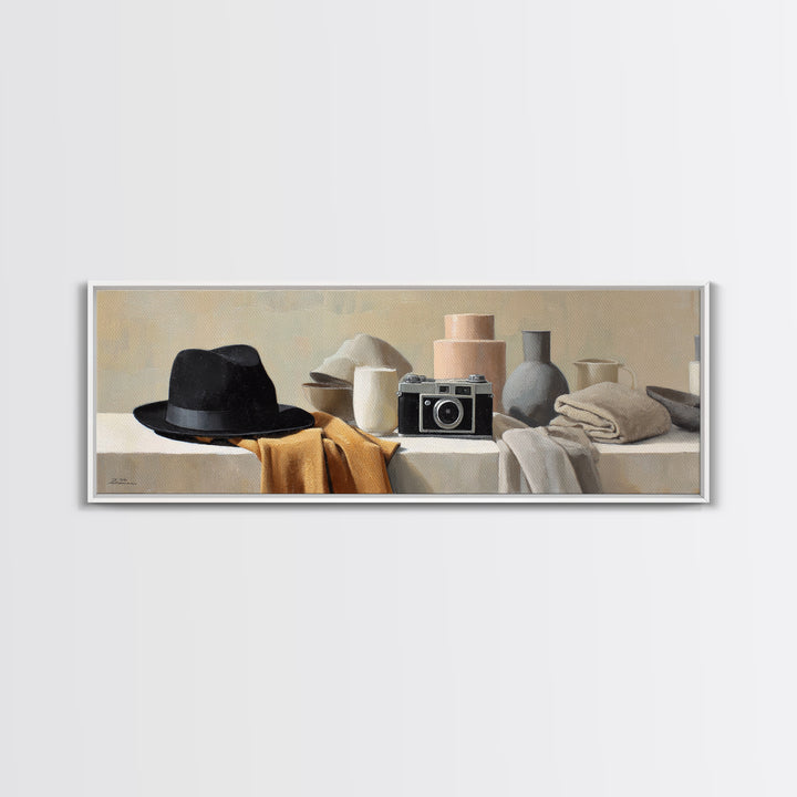 Noir Detective Hat and Camera Still Life Framed Canvas Print, Basement Art, Wall Art, Living Room Decor, Fine Art, Retreat, BAS-3x1-59