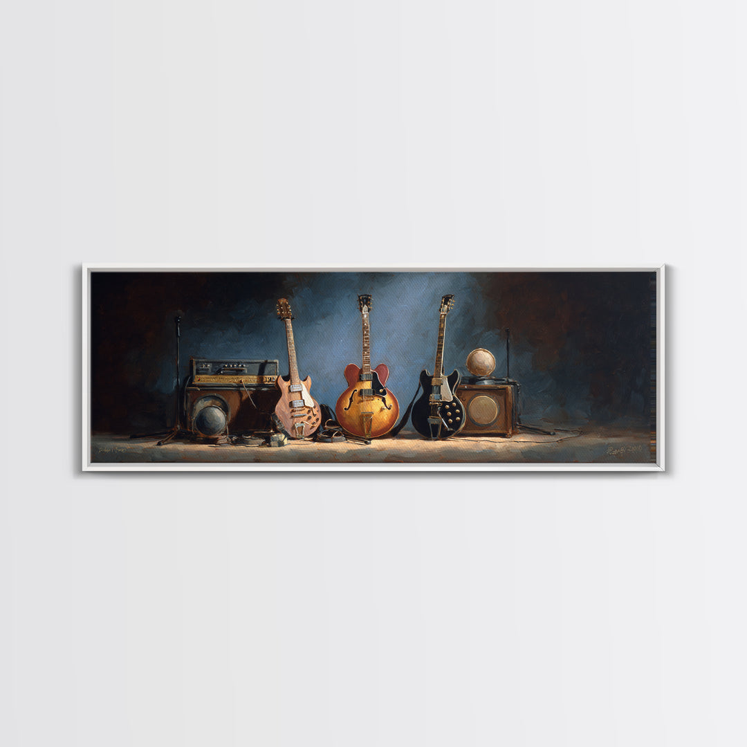 Classic Rock Guitar Still Life Framed Canvas Print, Basement Art, Cocktail Art, Living Room Decor, Fine Art, Retreat, BAS-3x1-69