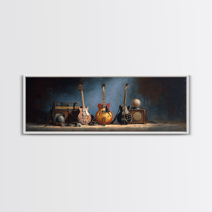 Classic Rock Guitar Still Life Framed Canvas Print, Basement Art, Cocktail Art, Living Room Decor, Fine Art, Retreat, BAS-3x1-69