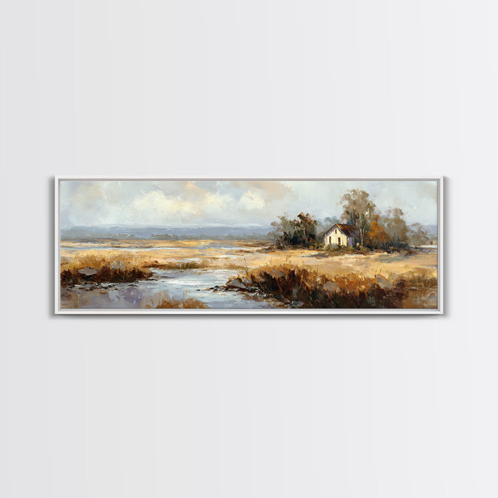 Forest Cabin Night Scene Framed Canvas Print, Basement Art, Western Decor, Living Room Decor, Retreat, Rustic Wall Art, BAS-3x1-79