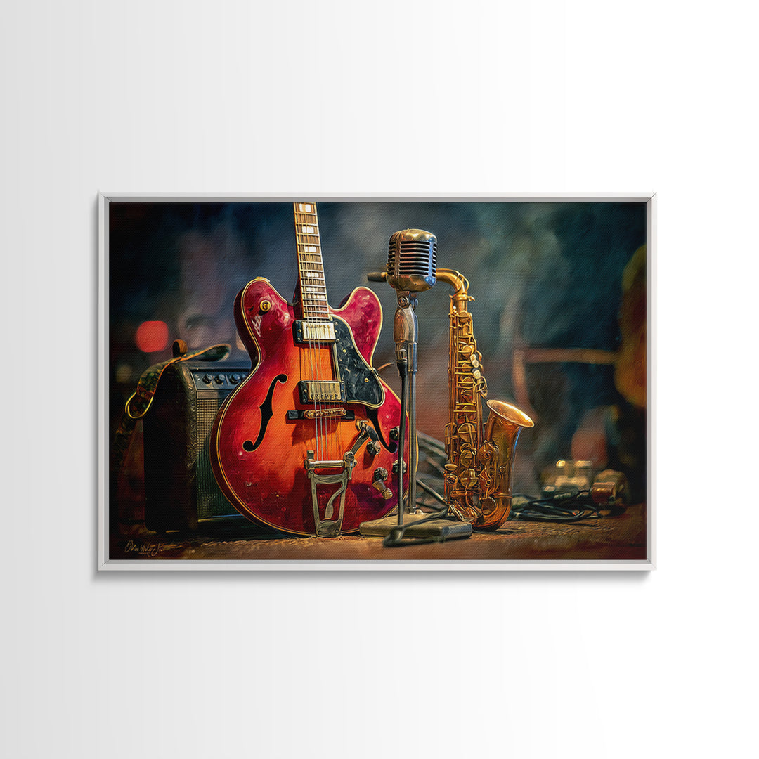 Classic Rock Guitar Still Life Canvas Print, Basement Art, Aesthetic Wall Art, Living Room Decor, Retreat, Modern Decor, BAS-3x2-33