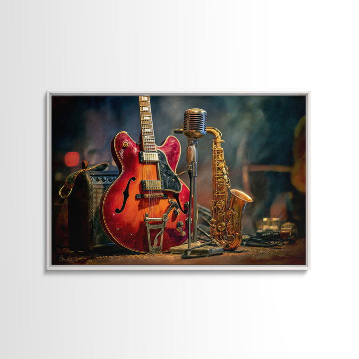 Classic Rock Guitar Still Life Canvas Print, Basement Art, Aesthetic Wall Art, Living Room Decor, Retreat, Modern Decor, BAS-3x2-33