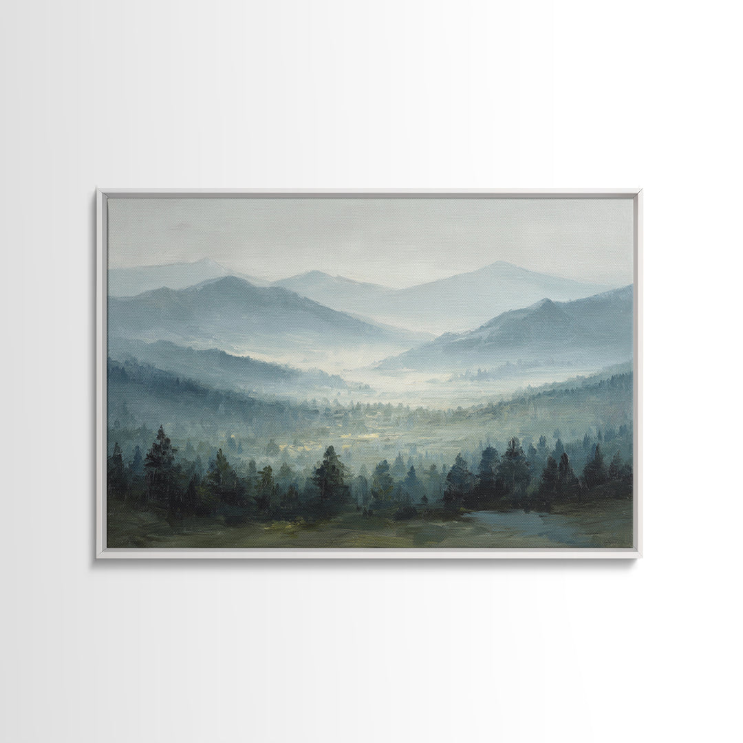 Moody Mountain Landscape for a Cozy Lounge Framed Canvas Print, Basement Art, Original Art Prints, Living Room Decor, Retreat, BAS-3x2-79
