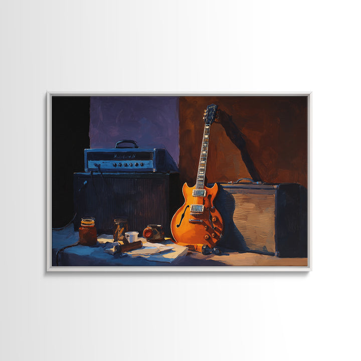 Classic Rock Guitar Still Life Framed Canvas Print, Basement Art, Custom Wall Art, Living Room Decor, Fine Art, Retreat, BAS-3x2-9