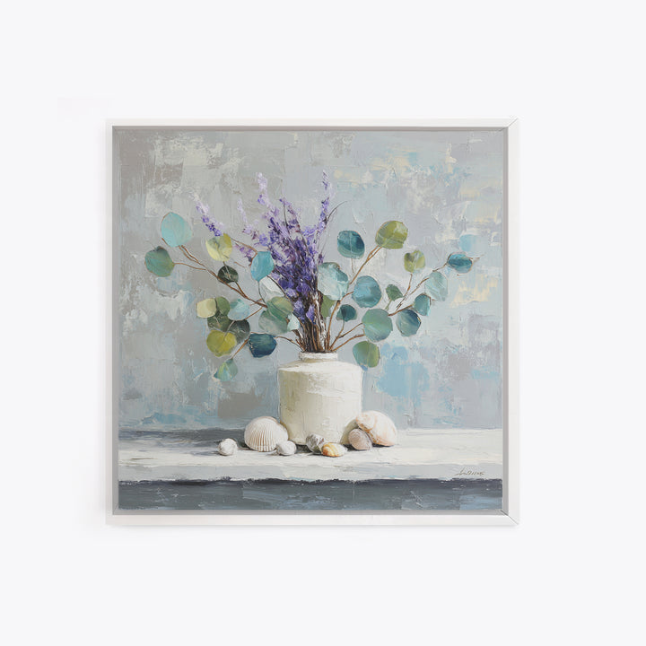 Lavender Sprigs in a Ceramic Vase Framed Canvas Print, Bathroom Art, Digital Art, Bathroom Decor, Fine Art, Spa, Dopamine Decor, BAT-1x1-12