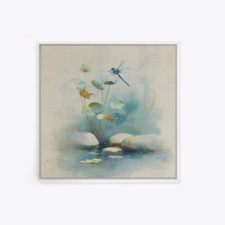 Delicate Dragonfly Above a Pond Surface Framed Canvas Print, Bathroom Art, Modern Art, Bathroom Decor, Fine Art, Spa, BAT-1x1-24