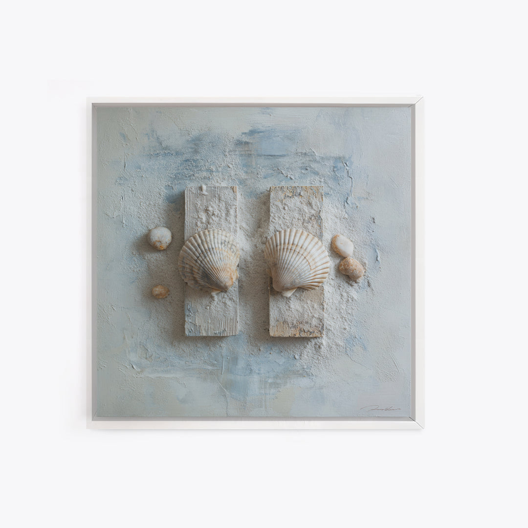 Minimal Seashell Still Life on Pale Sand Framed Canvas Print, Bathroom Art, Canvas Wall Art, Bathroom Decor, Fine Art, Spa, BAT-1x1-27