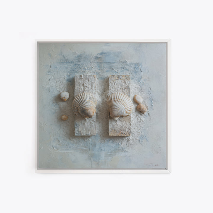 Minimal Seashell Still Life on Pale Sand Framed Canvas Print, Bathroom Art, Canvas Wall Art, Bathroom Decor, Fine Art, Spa, BAT-1x1-27