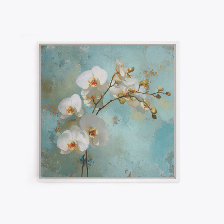 White Orchid on Warm Stone Background Framed Canvas Print, Bathroom Art, Bathroom Decor, Oil Painting, Spa, Modern Wall Art, BAT-1x1-28