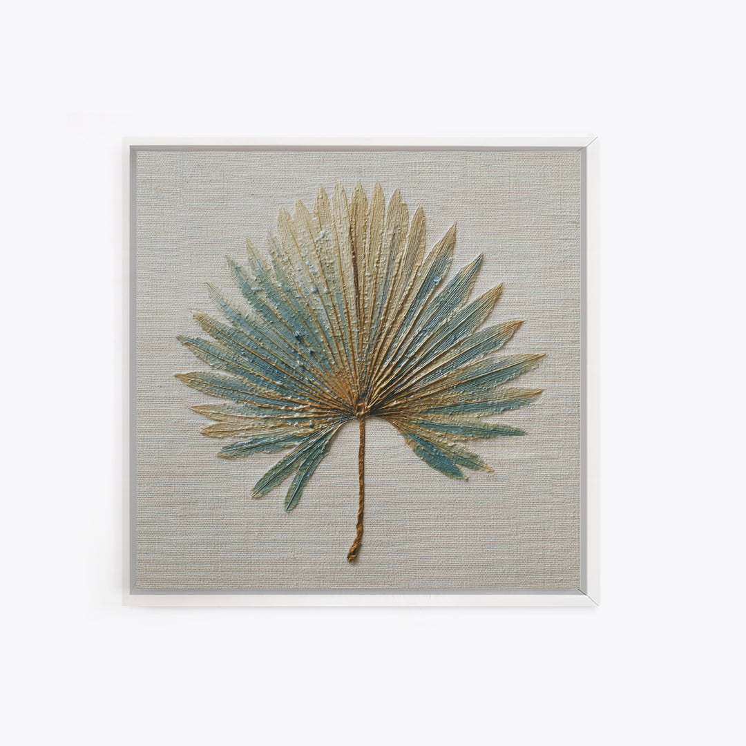 Simple Palm Frond on Off White Linen Framed Canvas Print, Bathroom Art, Dog Portrait, Bathroom Decor, Spa, Minimalist Wall Art, BAT-1x1-47