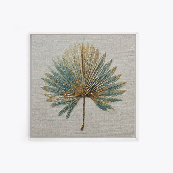 Simple Palm Frond on Off White Linen Framed Canvas Print, Bathroom Art, Dog Portrait, Bathroom Decor, Spa, Minimalist Wall Art, BAT-1x1-47