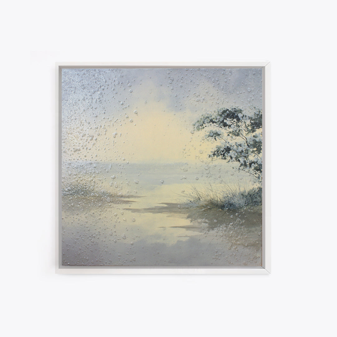 Misty Lake Scene Framed Canvas Print, Bathroom Art, Trendy Wall Art, Bathroom Decor, Fine Art, Spa, Textured Painting, BAT-1x1-57