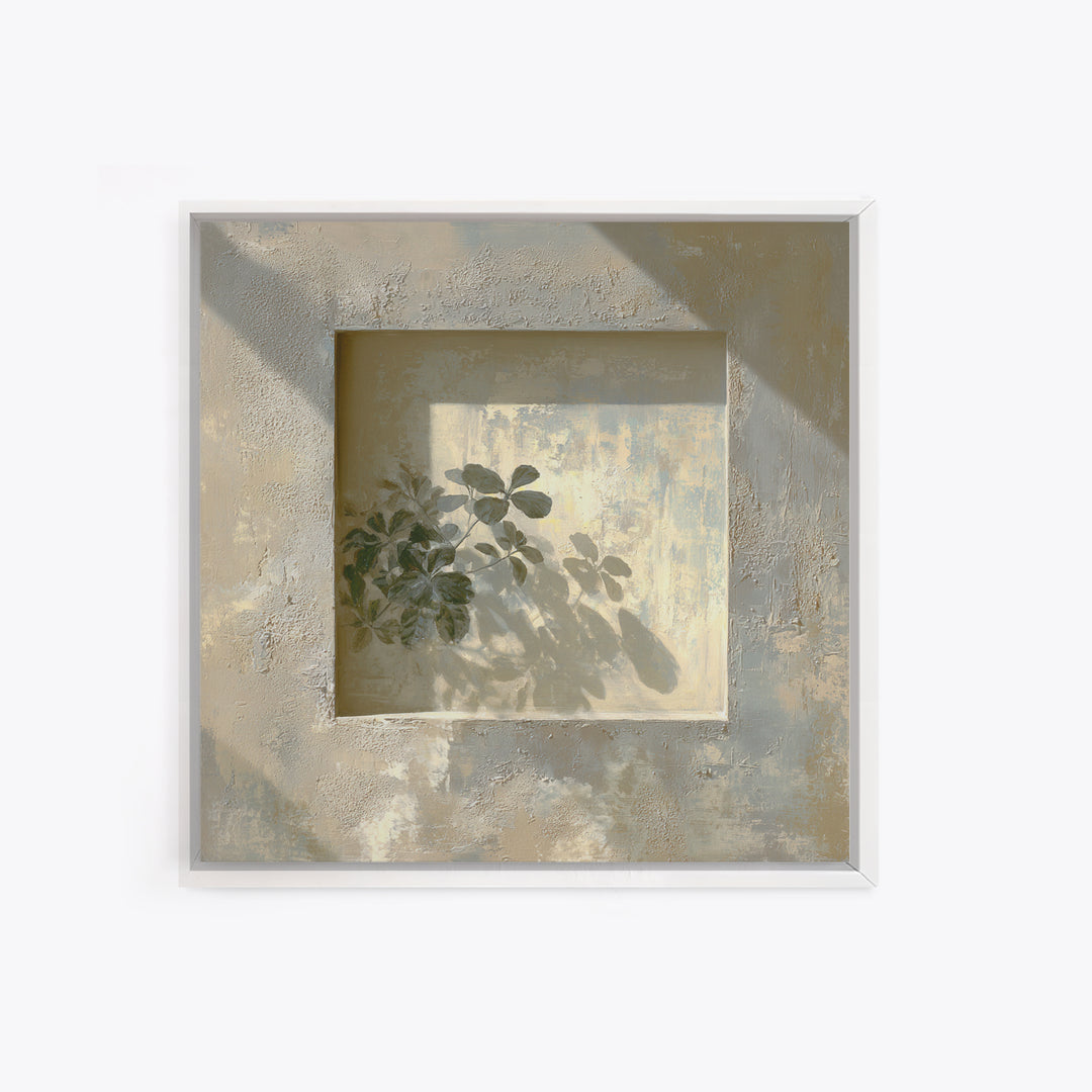 Sunlit Window Plant Shadow on Plaster Framed Canvas Print, Bathroom Art, Unique Wall Art, Bathroom Decor, Abstract Art, Spa, BAT-1x1-66