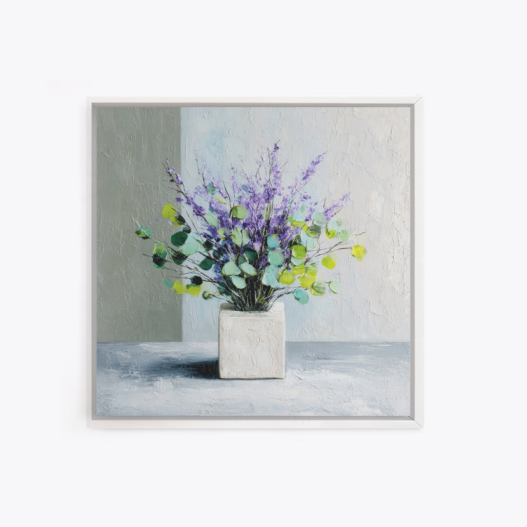 Lavender Sprigs in a Ceramic Vase Framed Canvas Print, Bathroom Art, Bathroom Wallpaper, Bathroom Decor, Abstract Art, Spa, BAT-1x1-84