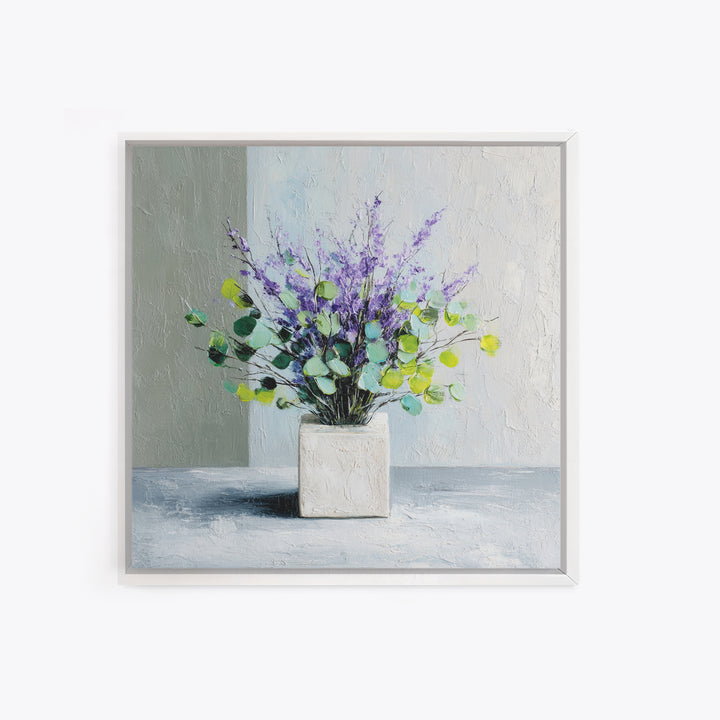 Lavender Sprigs in a Ceramic Vase Framed Canvas Print, Bathroom Art, Bathroom Wallpaper, Bathroom Decor, Abstract Art, Spa, BAT-1x1-84