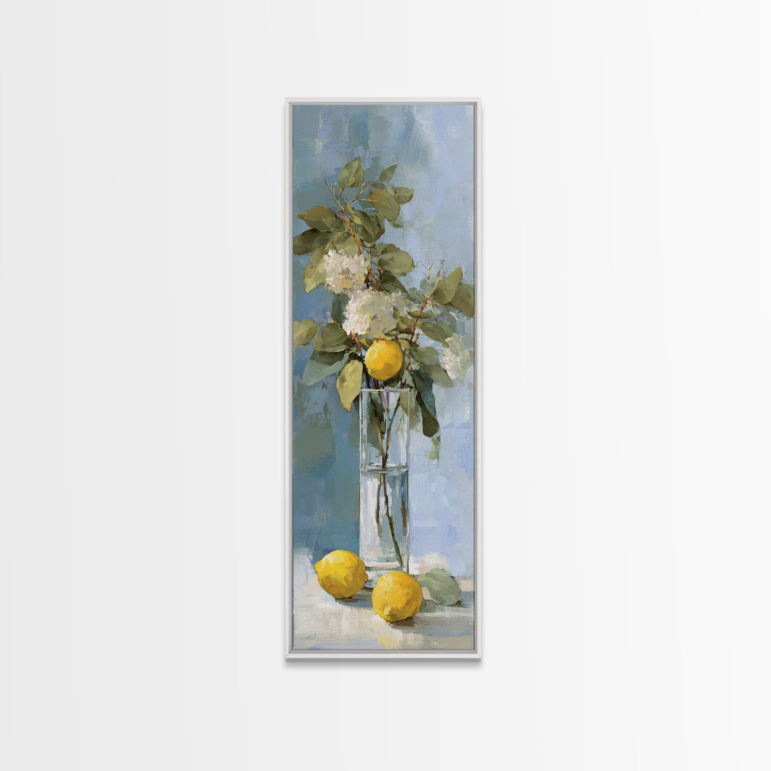 Lemon and Botanical Still Life Canvas Print, Bathroom Art, Bathroom Accessories, Bathroom Decor, Oil Painting, Spa, BAT-1x3-18