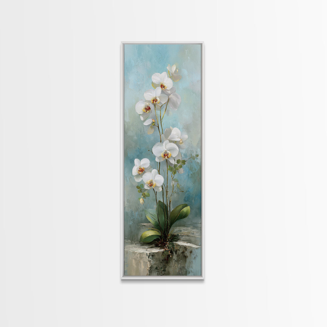 White Orchid on Warm Stone Background Canvas Print, Bathroom Art, Room Decor, Bathroom Decor, Spa, Custom Pet Portrait, BAT-1x3-40