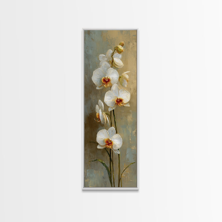 White Orchid on Warm Stone Background Framed Canvas Print, Bathroom Art, Home Decor, Bathroom Decor, Spa, Canvas Wall Art, BAT-1x3-64