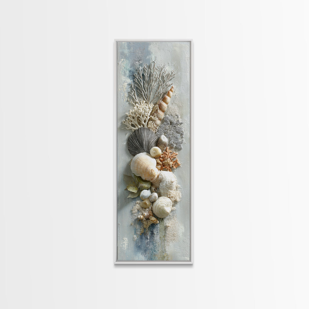 Coral and Shell Arrangement Framed Canvas Print, Bathroom Art, Bathroom Decor, Fine Art, Spa, Bathroom Accessories, Modern Art, BAT-1x3-71