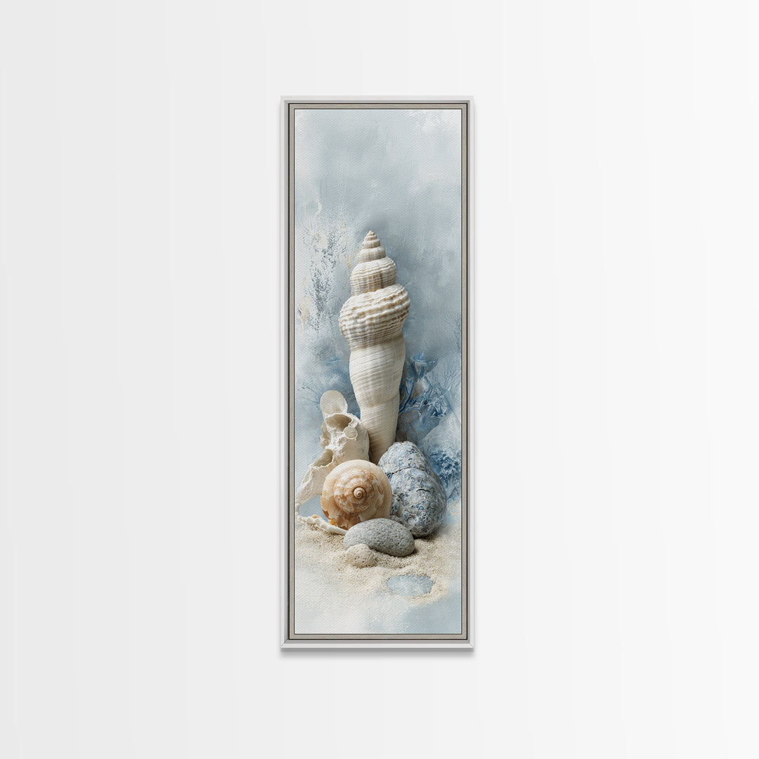 Minimal Seashell Still Life on Pale Sand Framed Canvas Print, Bathroom Art, Canvas Wall Art, Bathroom Decor, Fine Art, Spa, BAT-1x3-87
