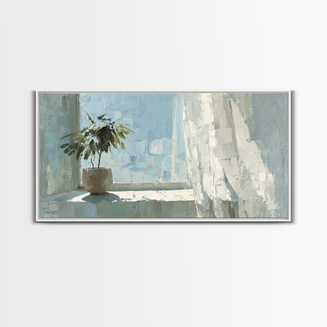 Sunlit Window Plant Shadow on Plaster Framed Canvas Print, Bathroom Art, Bathroom Print, Bathroom Decor, Watercolor Art, Spa, BAT-2x1-14