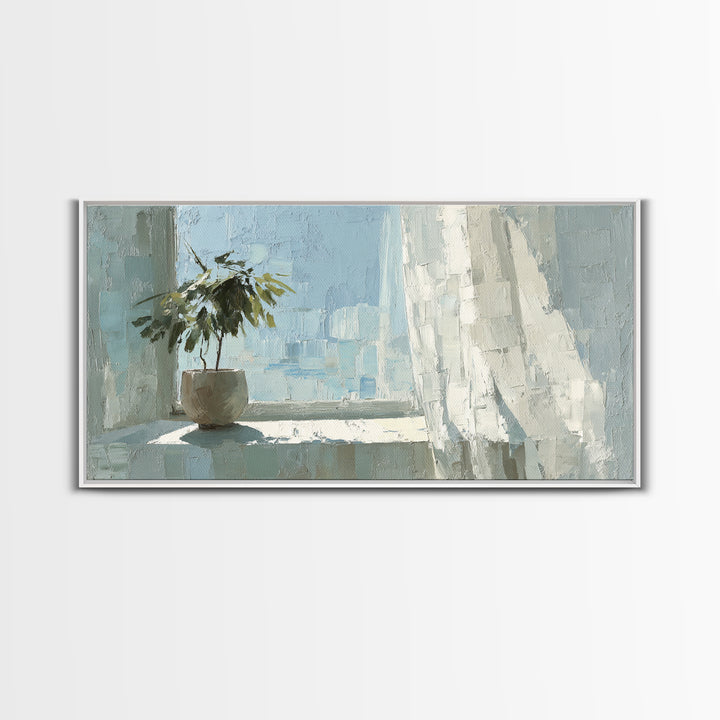 Sunlit Window Plant Shadow on Plaster Framed Canvas Print, Bathroom Art, Bathroom Print, Bathroom Decor, Watercolor Art, Spa, BAT-2x1-14