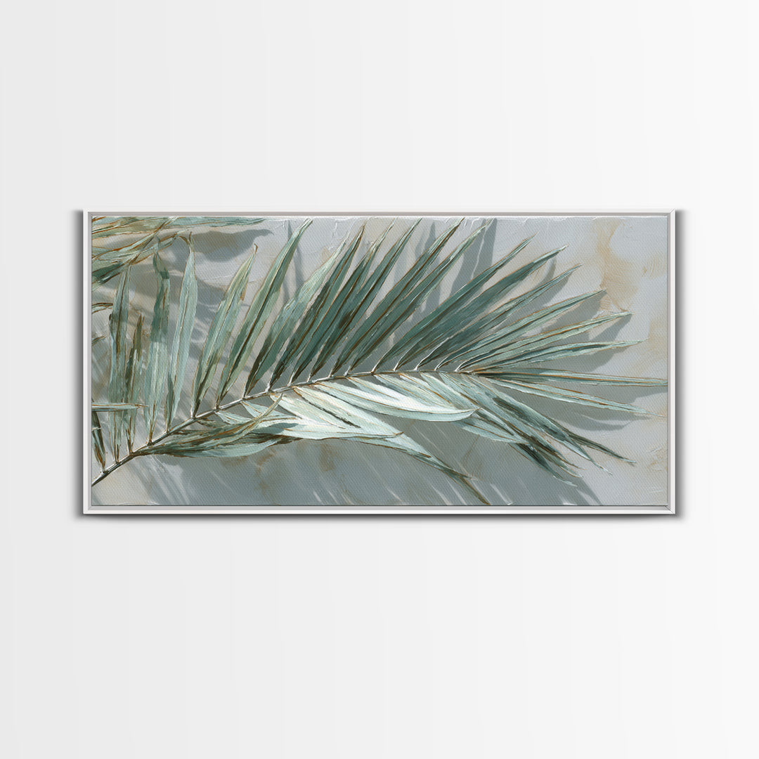 Simple Palm Frond on Off White Linen Framed Canvas Print, Bathroom Art, Bathroom Art Decor, Bathroom Decor, Abstract Art, Spa, BAT-2x1-19