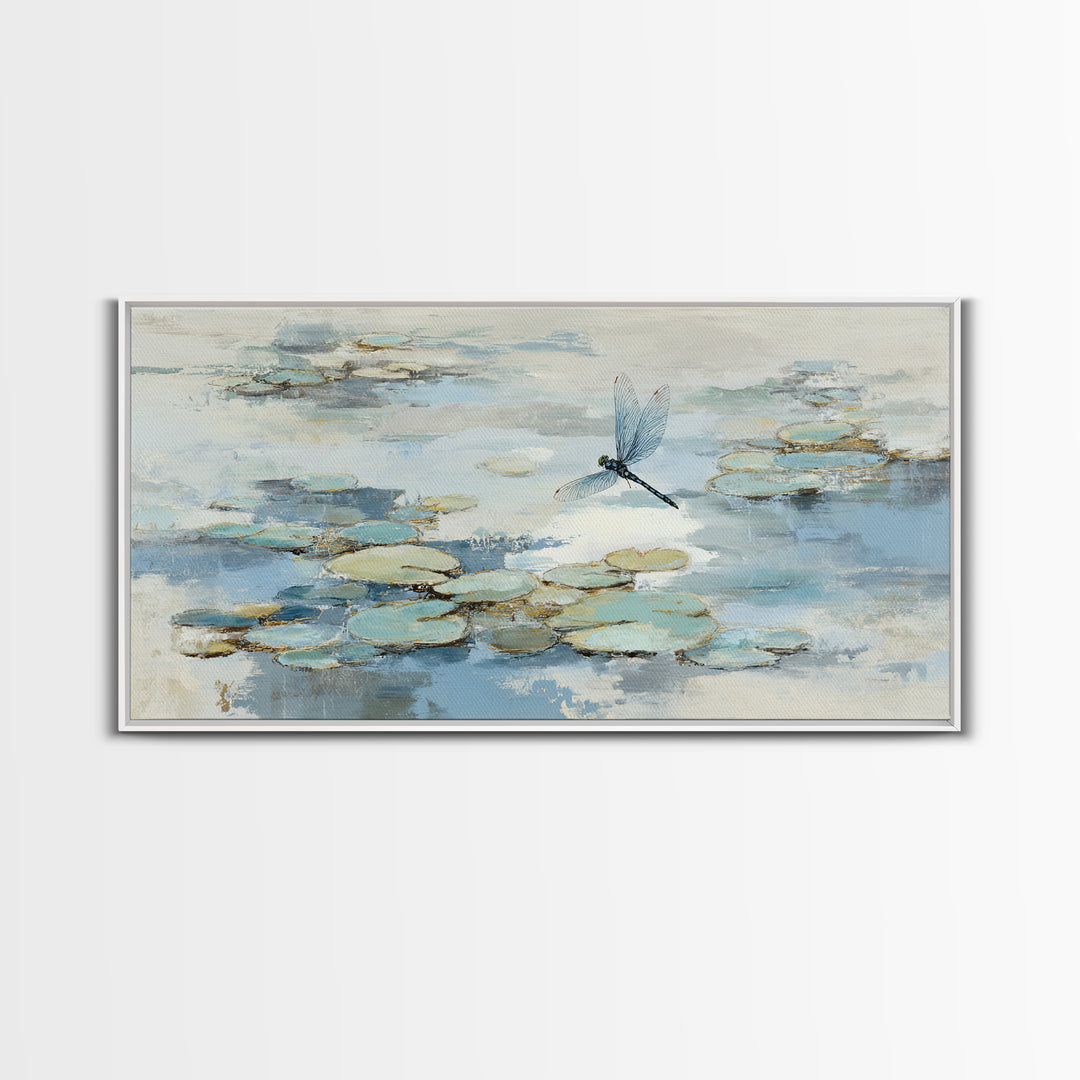 Delicate Dragonfly Above a Pond Surface Framed Canvas Print, Bathroom Art, Fine Art Print, Bathroom Decor, Fine Art, Spa, BAT-2x1-20