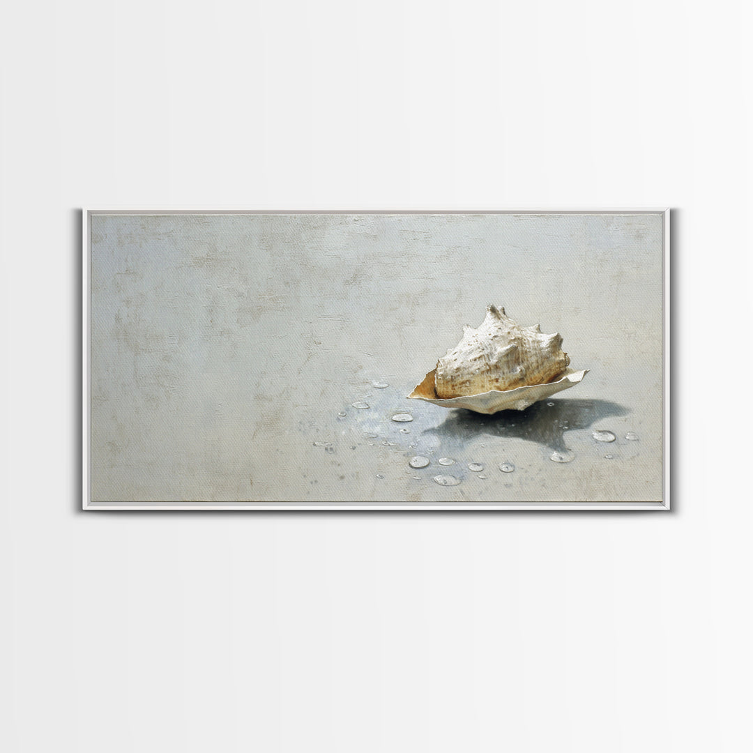 Minimal Seashell Still Life on Pale Sand Framed Canvas Print, Bathroom Art, Digital Art, Bathroom Decor, Watercolor Art, Spa, BAT-2x1-23