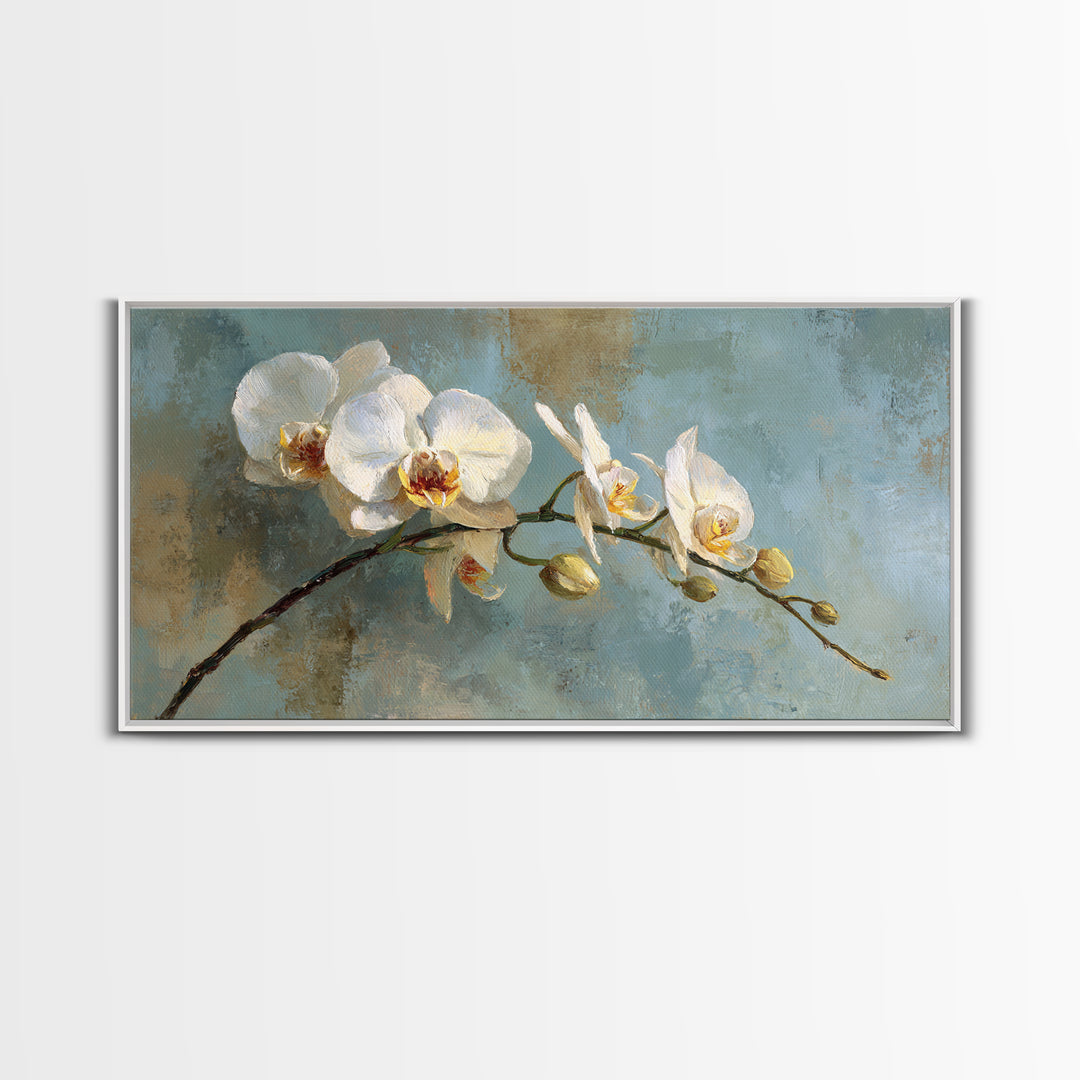 White Orchid on Warm Stone Background Framed Canvas Print, Bathroom Art, Textured Painting, Bathroom Decor, Fine Art, Spa, BAT-2x1-24