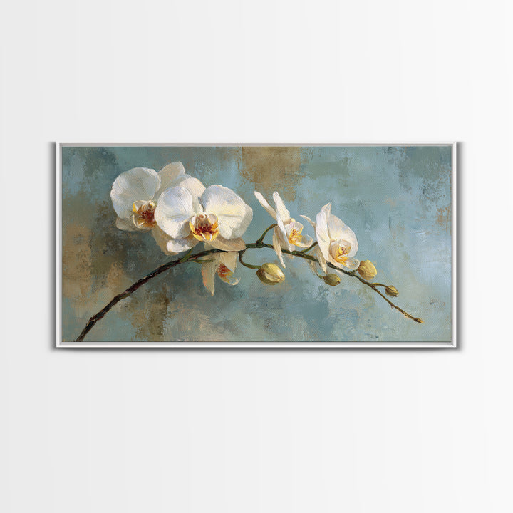 White Orchid on Warm Stone Background Framed Canvas Print, Bathroom Art, Textured Painting, Bathroom Decor, Fine Art, Spa, BAT-2x1-24