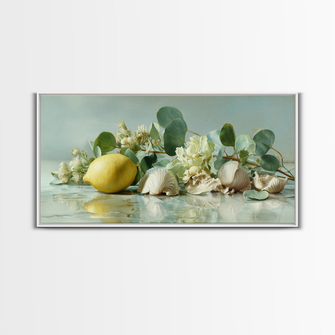 Lemon and Botanical Still Life Canvas Print, Bathroom Art, Neutral Decor, Bathroom Decor, Fine Art, Spa, Wall Art, Home Decor, BAT-2x1-26