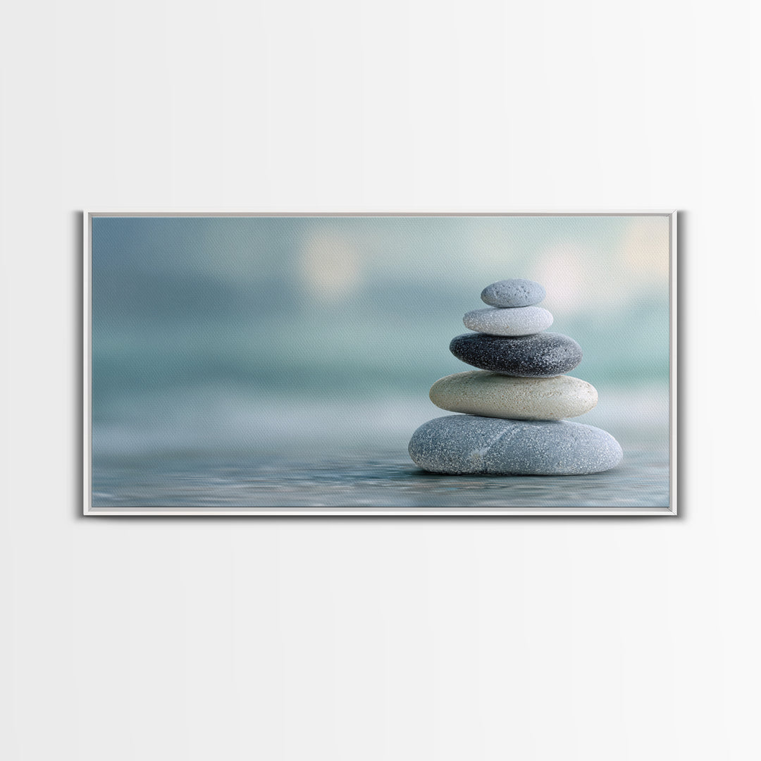Monochrome Pebble Stack Framed Canvas Print, Bathroom Art, Statement Artwork, Bathroom Decor, Fine Art, Spa, Digital Art, BAT-2x1-33