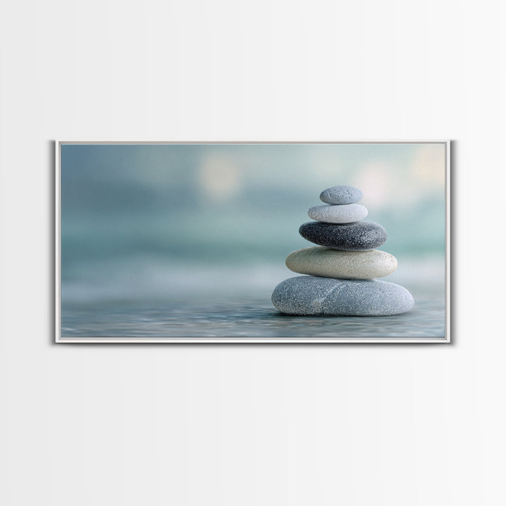 Monochrome Pebble Stack Framed Canvas Print, Bathroom Art, Statement Artwork, Bathroom Decor, Fine Art, Spa, Digital Art, BAT-2x1-33