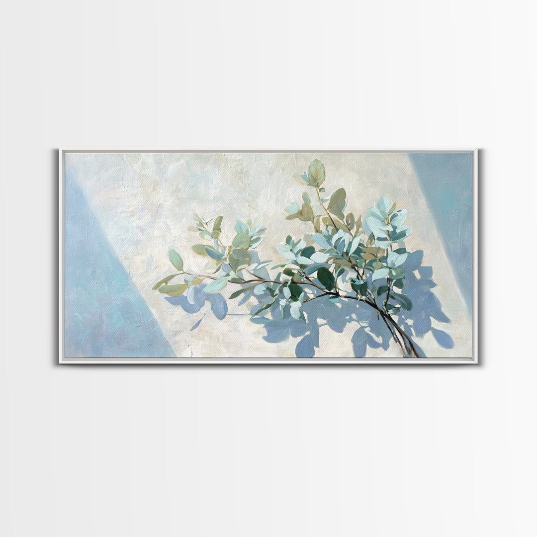 Sunlit Window Plant Shadow on Plaster Framed Canvas Print, Bathroom Art, Bathroom Print, Bathroom Decor, Watercolor Art, Spa, BAT-2x1-38