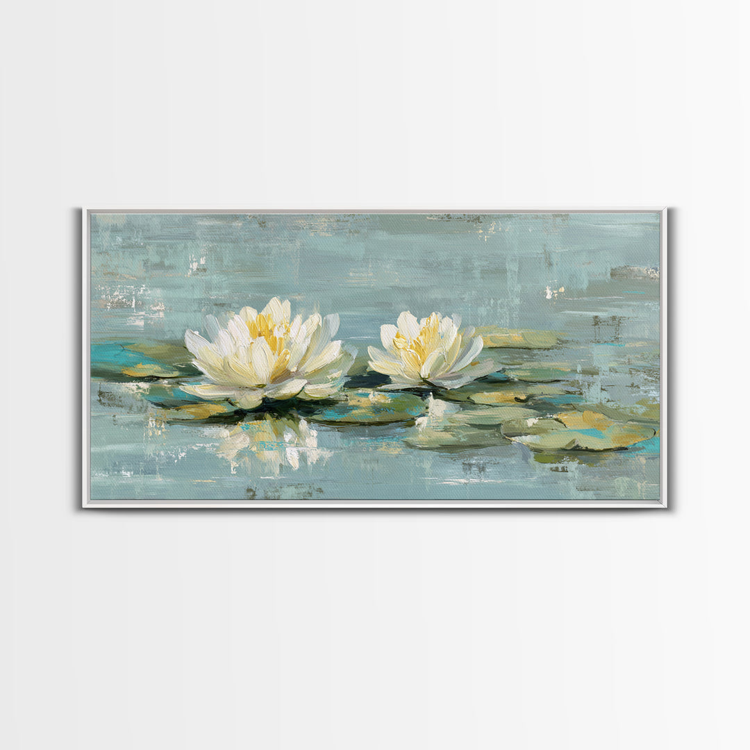 Lotus Flower Floating on Calm Water Framed Canvas Print, Bathroom Art, Wall Art, Bathroom Decor, Fine Art, Spa, Dog Portrait, BAT-2x1-40