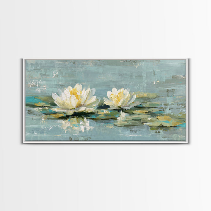 Lotus Flower Floating on Calm Water Framed Canvas Print, Bathroom Art, Wall Art, Bathroom Decor, Fine Art, Spa, Dog Portrait, BAT-2x1-40
