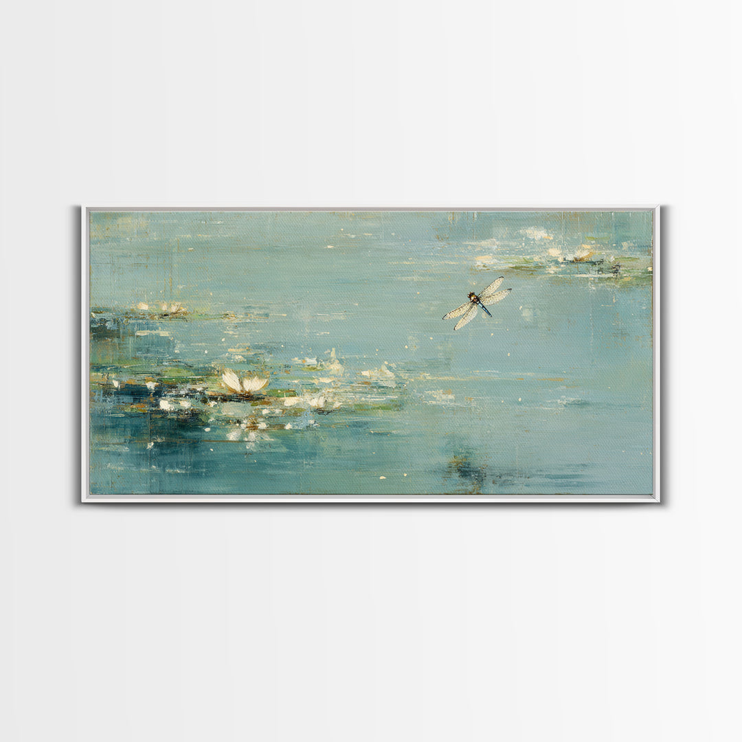 Delicate Dragonfly Above a Pond Surface Canvas Print, Bathroom Art, Room Decor, Bathroom Decor, Spa, Custom Pet Portrait, BAT-2x1-44