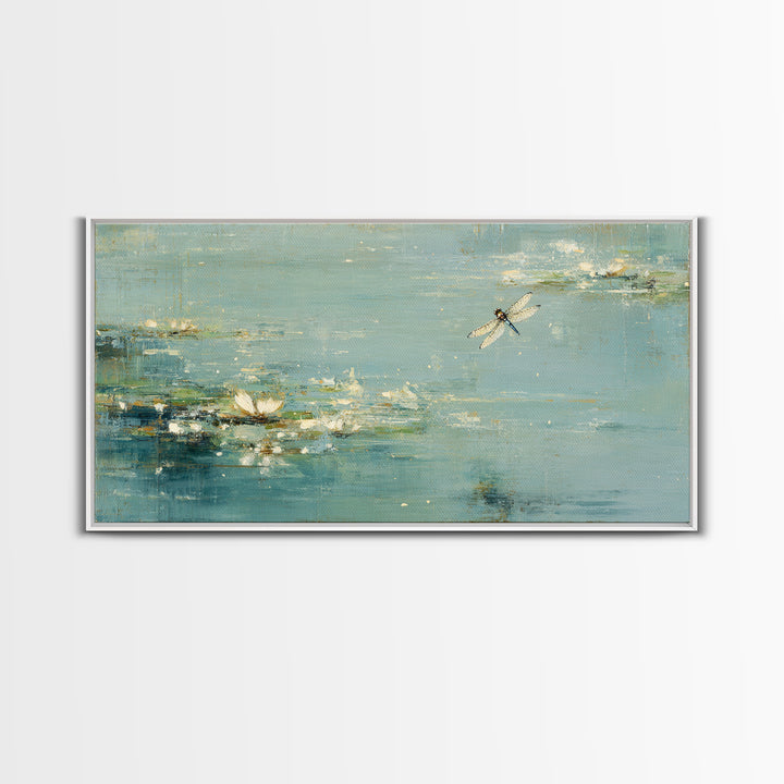 Delicate Dragonfly Above a Pond Surface Canvas Print, Bathroom Art, Room Decor, Bathroom Decor, Spa, Custom Pet Portrait, BAT-2x1-44