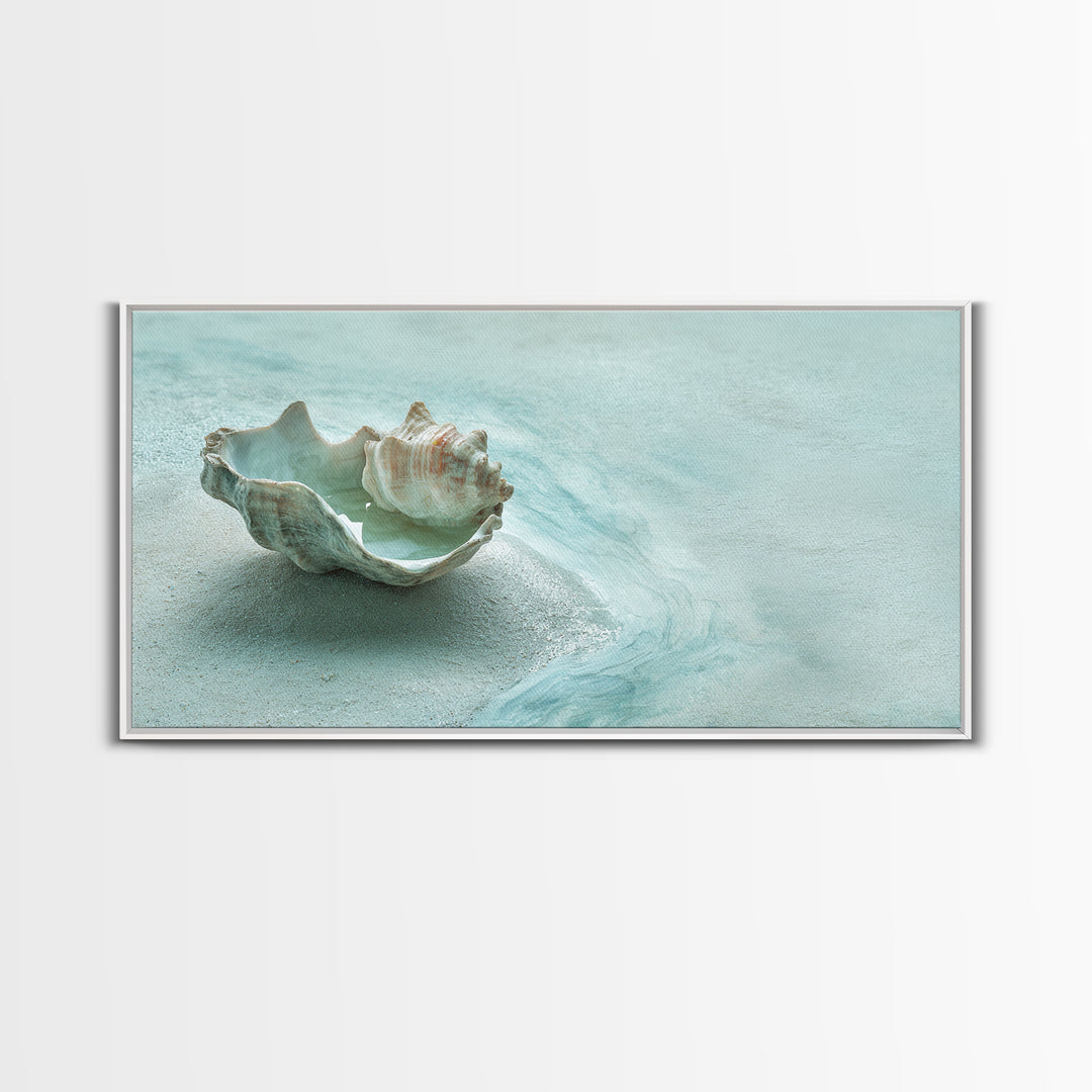 Minimal Seashell Still Life on Pale Sand Canvas Print, Bathroom Art, Bathroom Wall Art, Bathroom Decor, Oil Painting, Spa, BAT-2x1-47